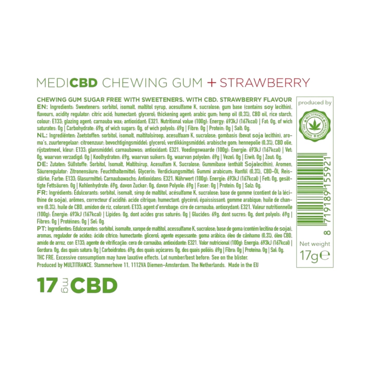 MediCBD CBD Chewing Gum – Strawberry Flavour (17mg CBD, THC-Free, 12 Pieces, EU Made)