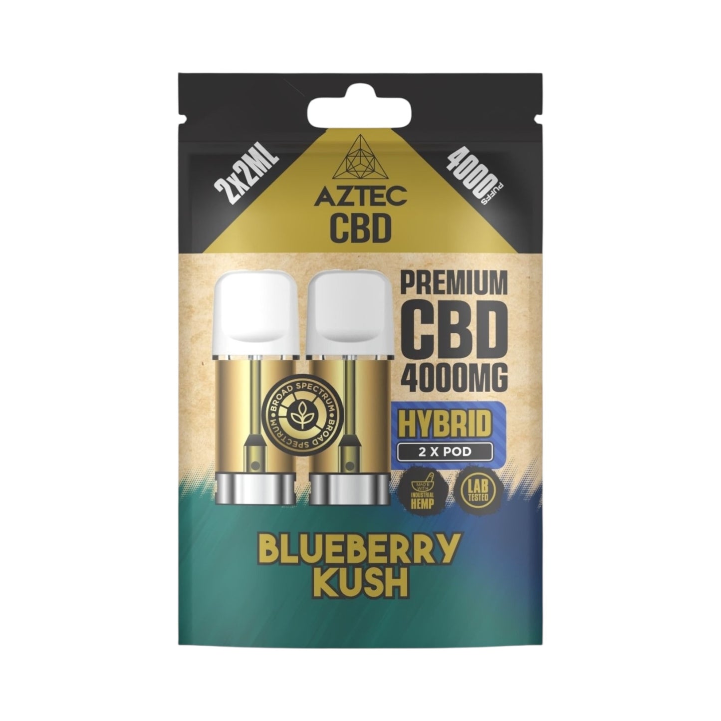 Aztec CBD Premium Pods - Blueberry Kush (4000mg CBD, 2x2ml) | Broad Spectrum, THC-Free | 4000 Puffs