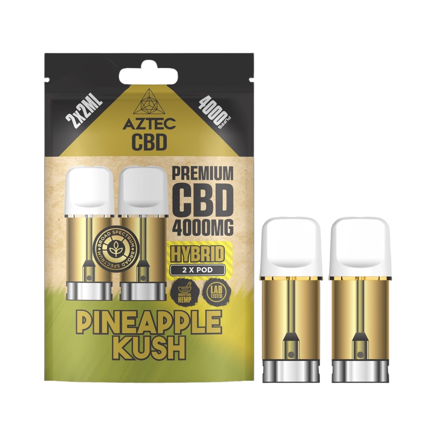 Aztec CBD Premium Pods - Pineapple Kush (4000mg CBD, 2x2ml) | Broad Spectrum, THC-Free | 4000 Puffs