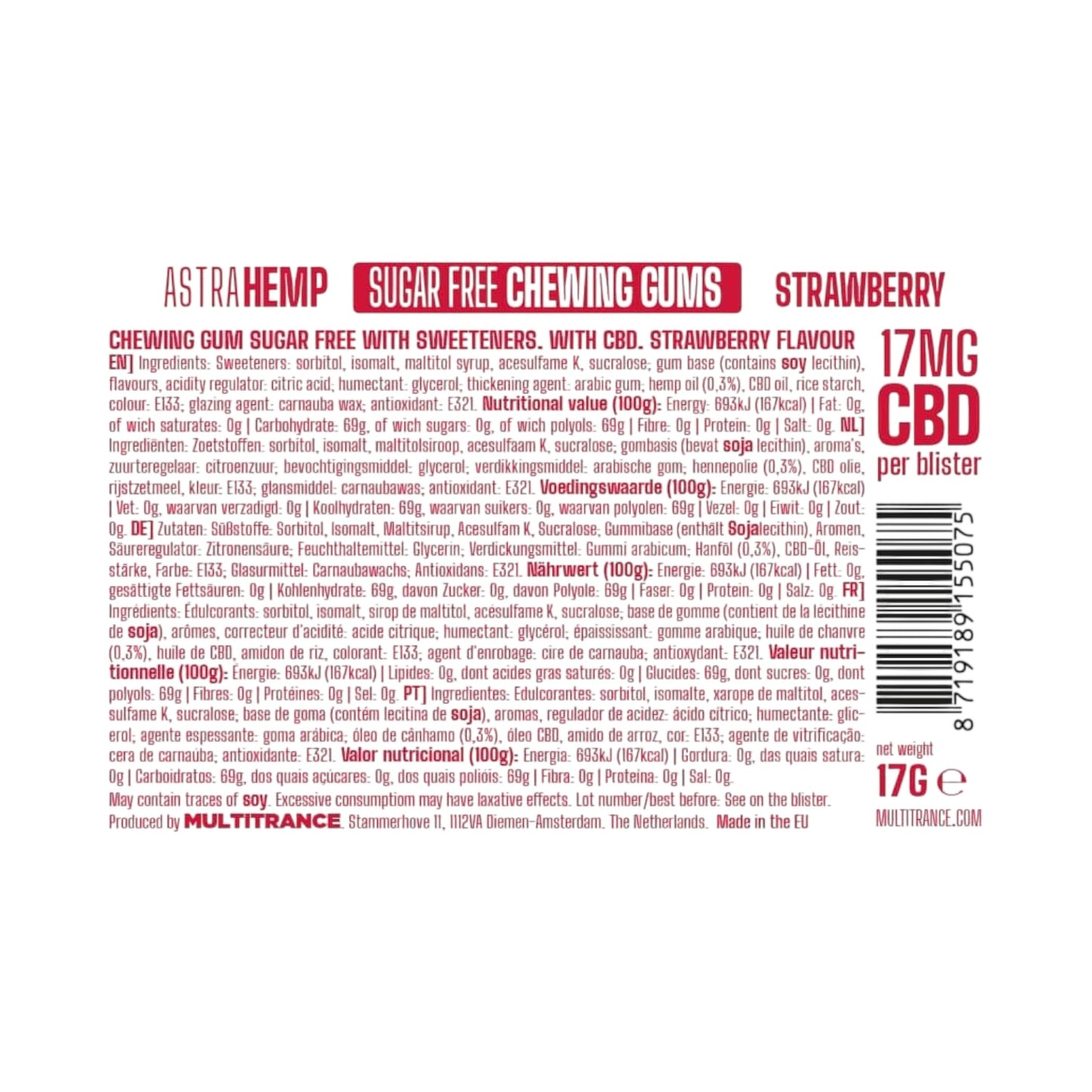 Astra Hemp CBD Chewing Gum – Strawberry Flavour (17mg CBD, THC-Free, 12 Pieces, EU Made)