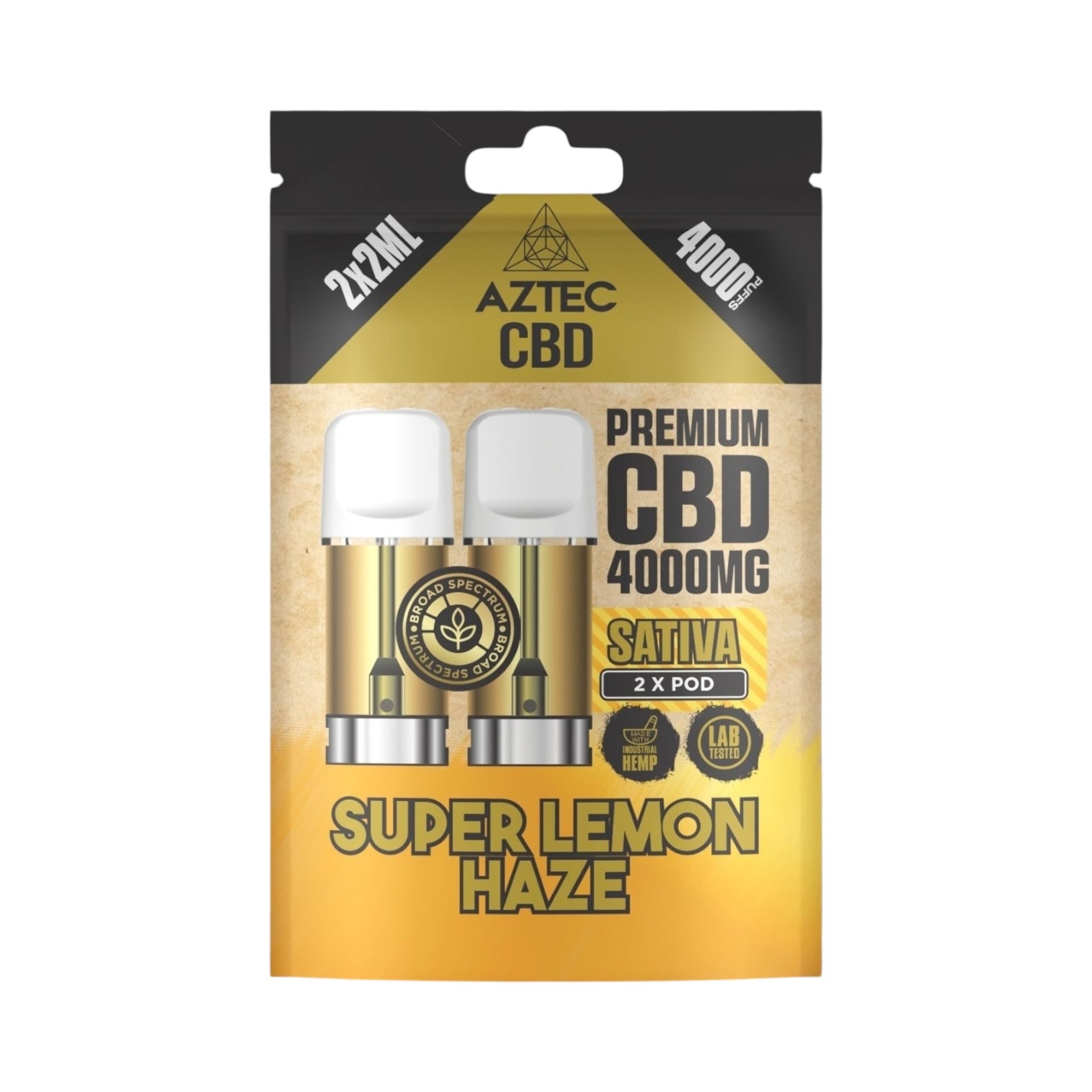 Aztec CBD Premium Pods - Super Lemon Haze (4000mg CBD, 2x2ml) | Broad Spectrum, THC-Free | 4000 Puffs