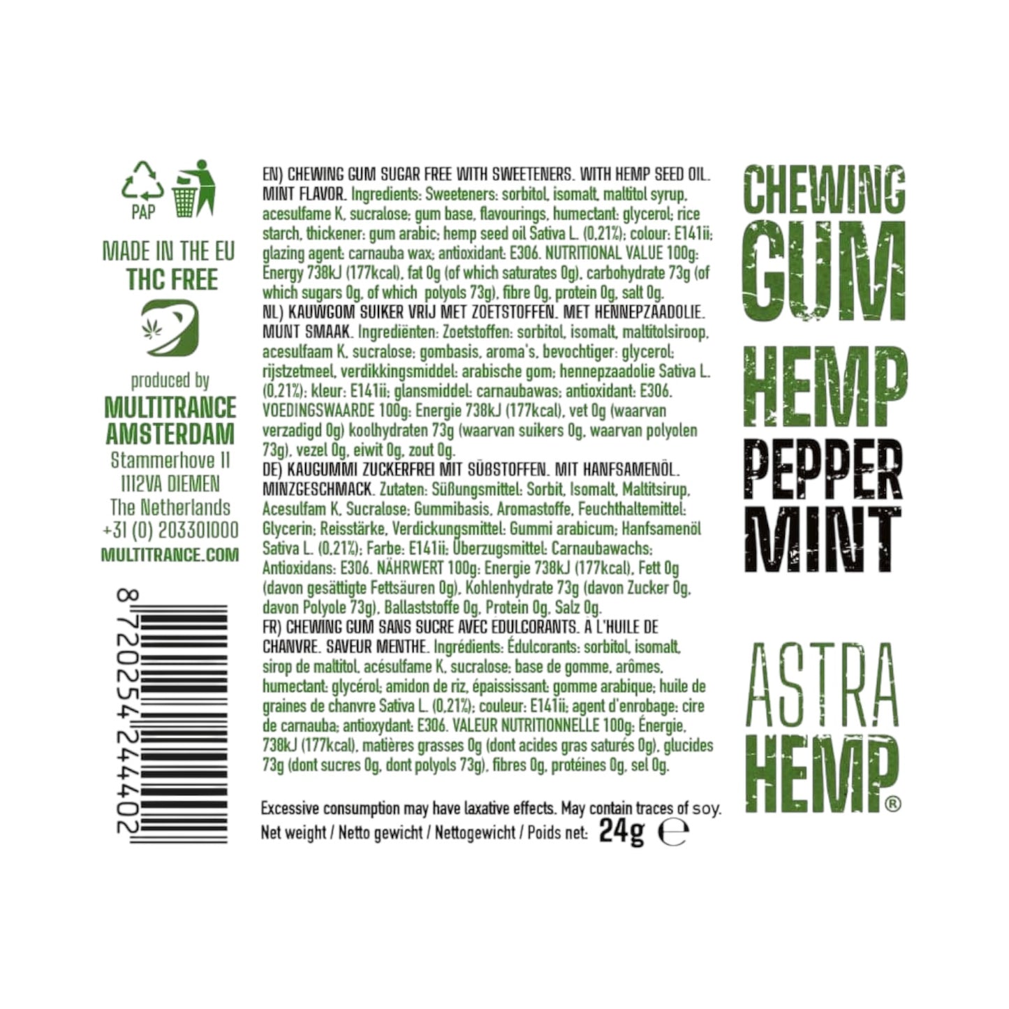 Astra Hemp CBD Chewing Gum – Peppermint Flavour, Sugar-Free (THC-Free, 17 Pieces, EU Made)