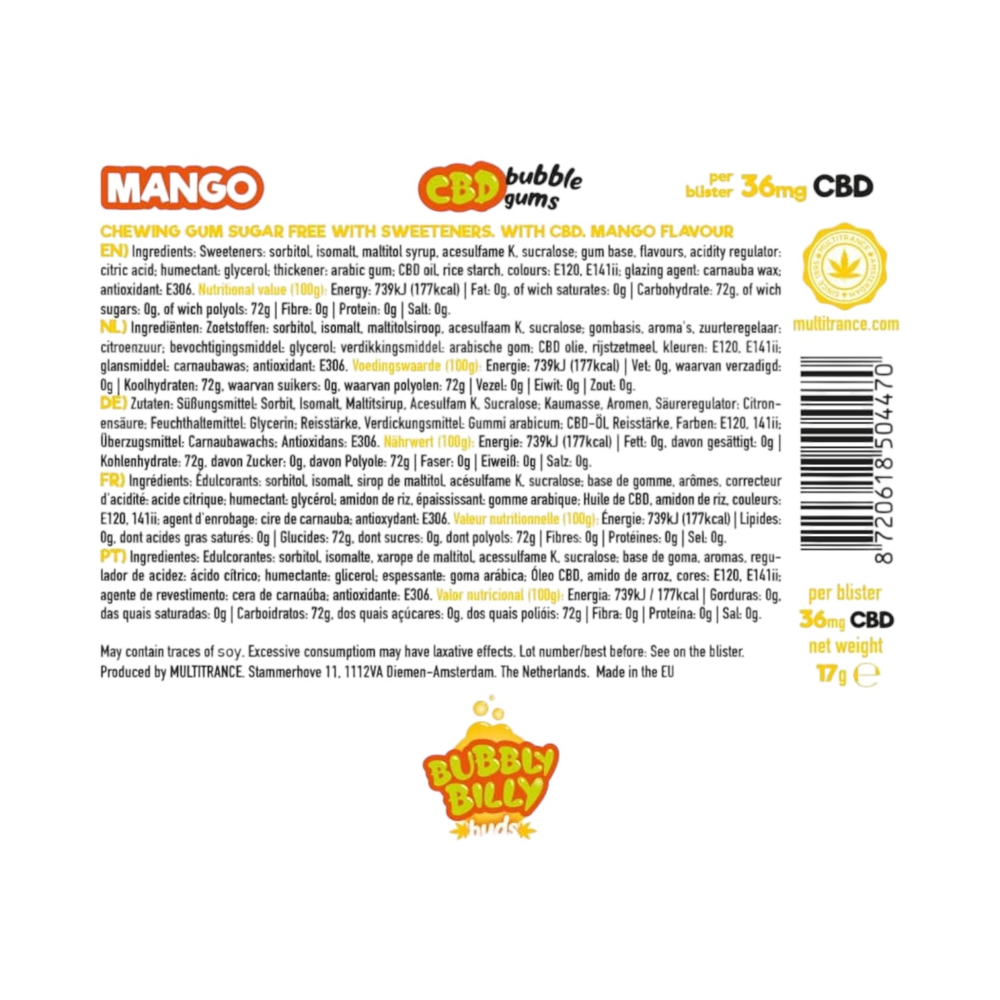 Bubbly Billy Bud’s CBD Chewing Gum – Mango Flavour (17mg CBD, 12 Pieces, THC-Free, Made in EU)