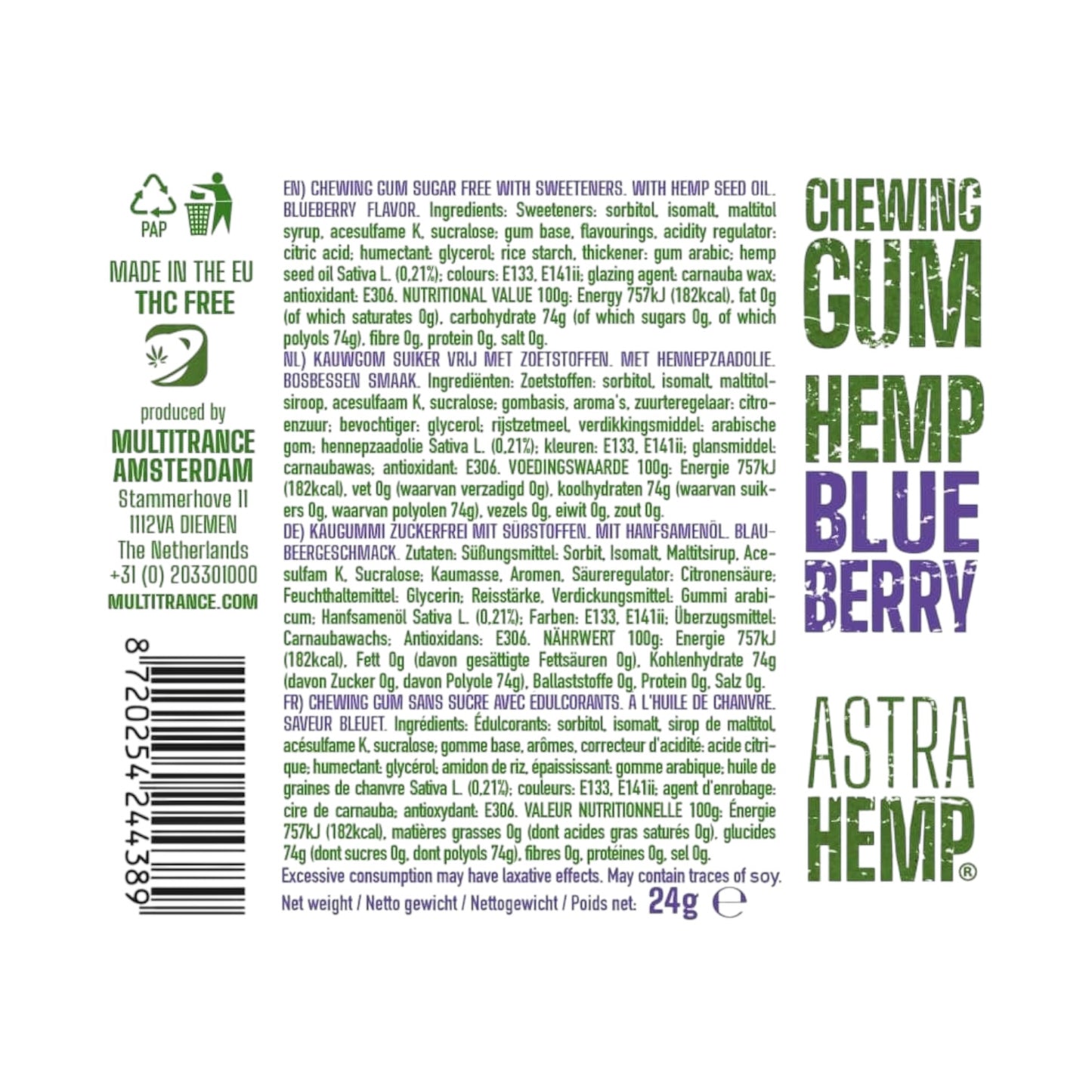 Astra Hemp CBD Chewing Gum – Blueberry Flavour, Sugar-Free (THC-Free, 17 Pieces, EU Made)