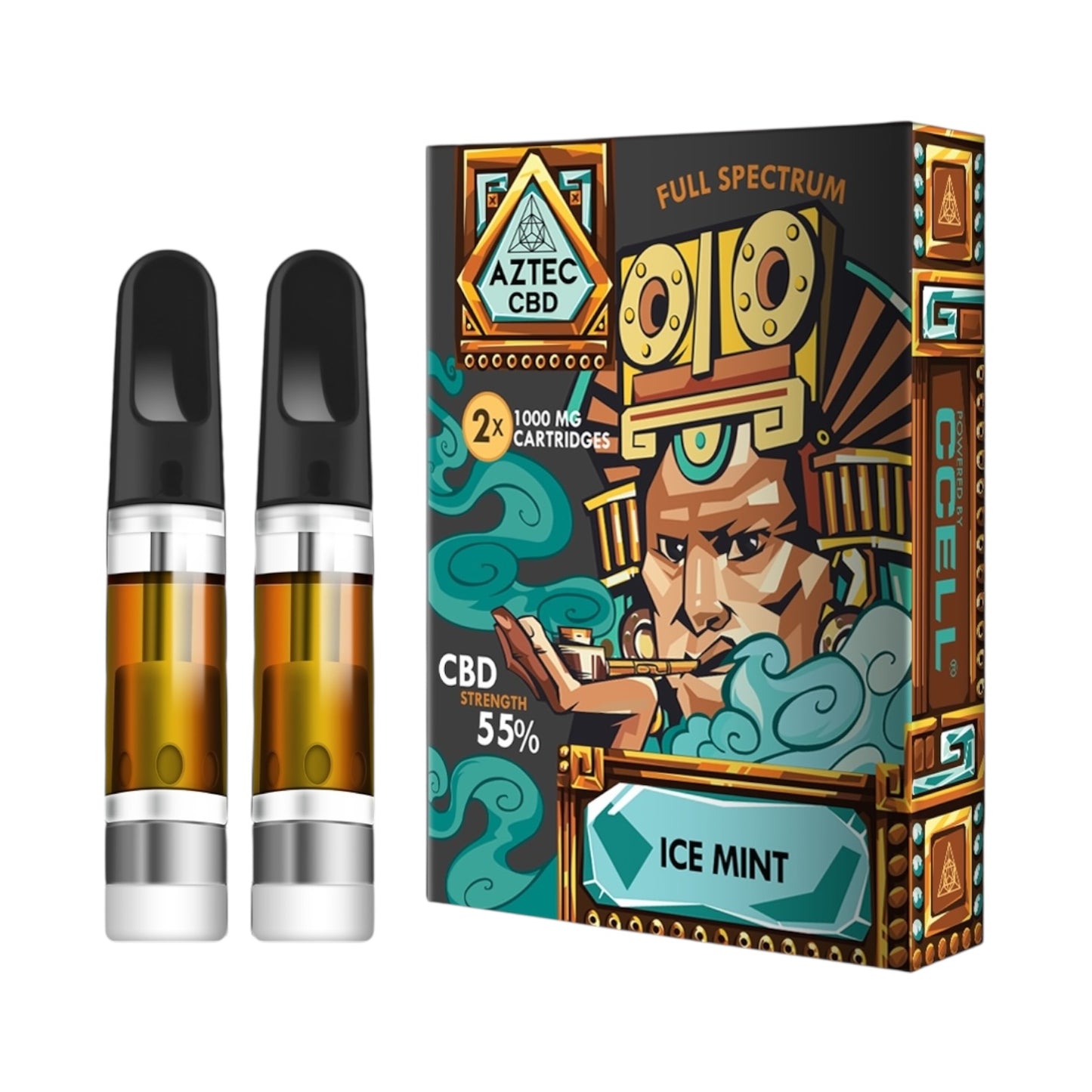 Aztec CBD Cartridges (2 Pack) – Ice Mint (55% Full-Spectrum, 1ml, 510 Compatible, 550mg CBD Approx.)