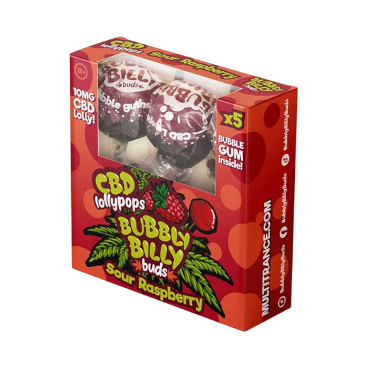 Bubbly Billy Bud’s CBD Lollipops Gift Box – Sour Raspberry (5 Pack, 10mg CBD Each, THC-Free, EU Made)