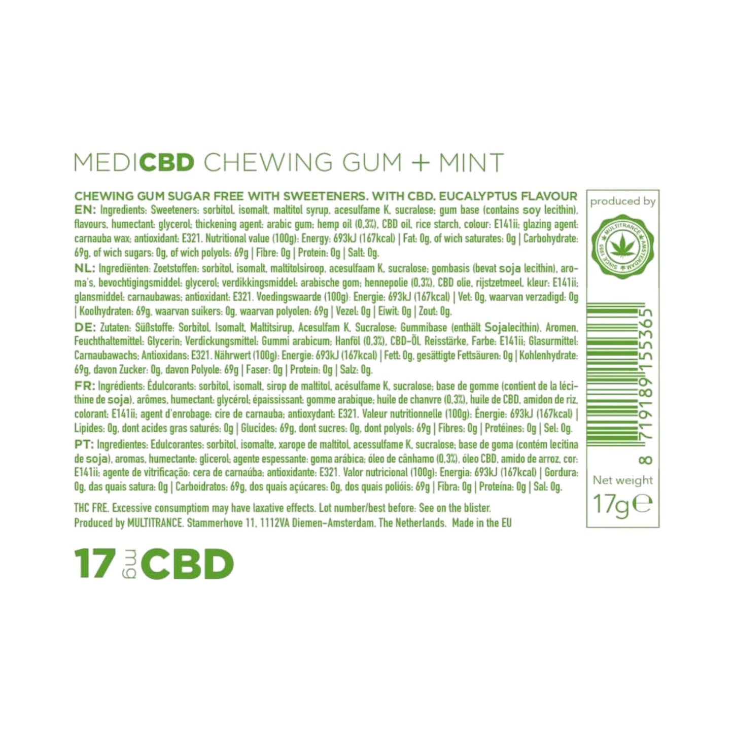 MediCBD CBD Chewing Gum – Mint Flavour (17mg CBD, THC-Free, 12 Pieces, EU Made)