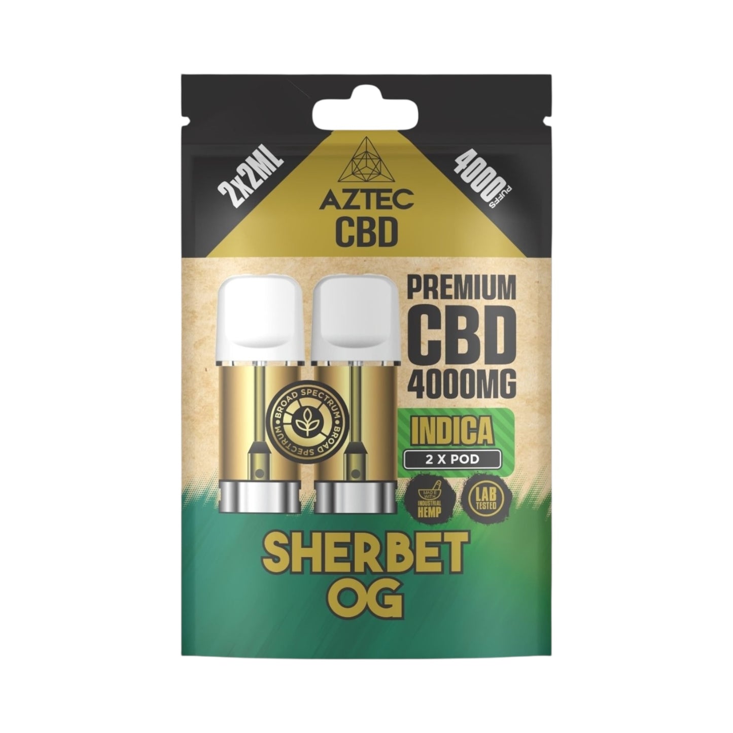 Aztec CBD Premium Pods - Sherbet OG (4000mg CBD, 2x2ml) | Broad Spectrum, THC-Free | 4000 Puffs