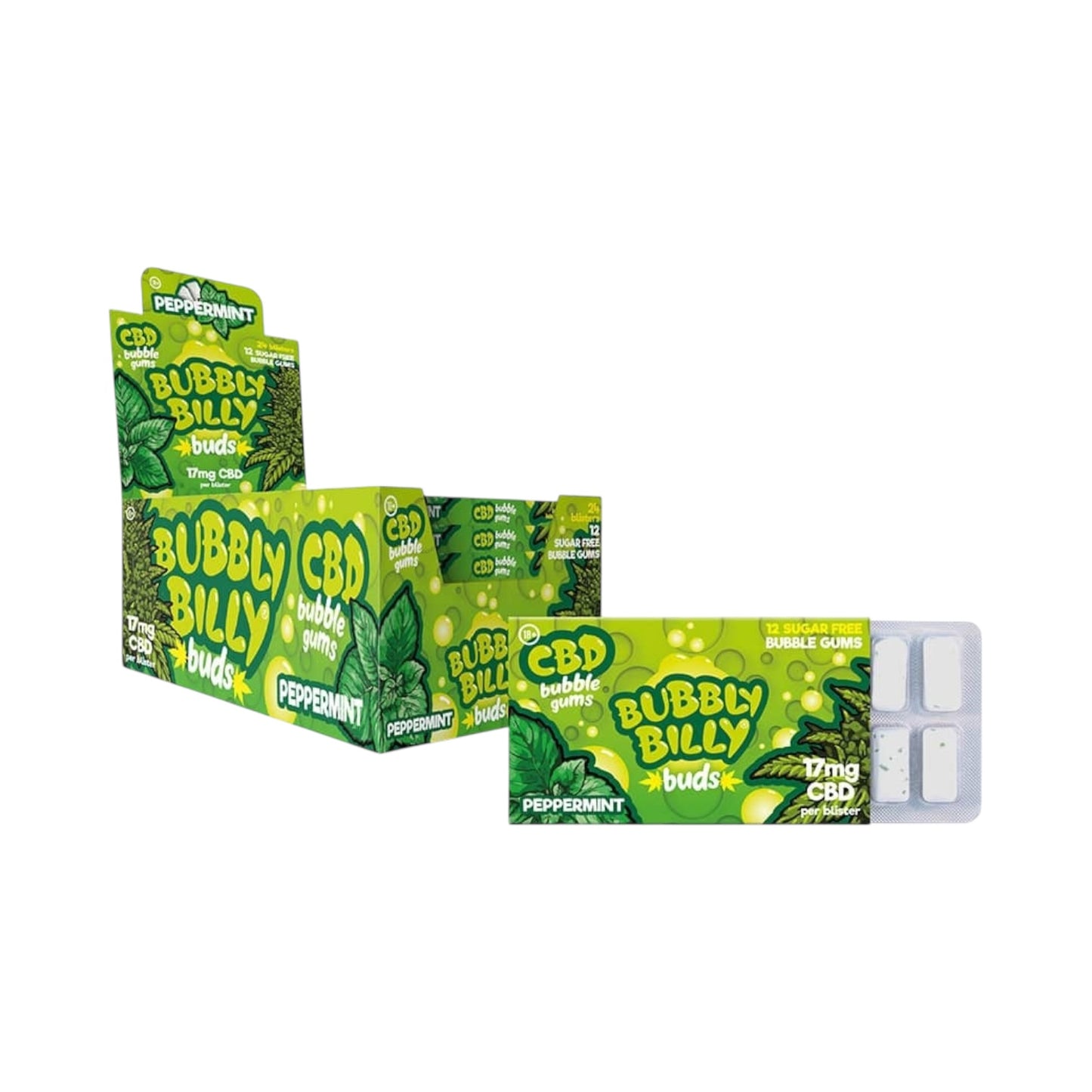 Bubbly Billy Bud’s CBD Chewing Gum – Peppermint Flavour (17mg CBD, 12 Pieces, THC-Free, Made in EU)