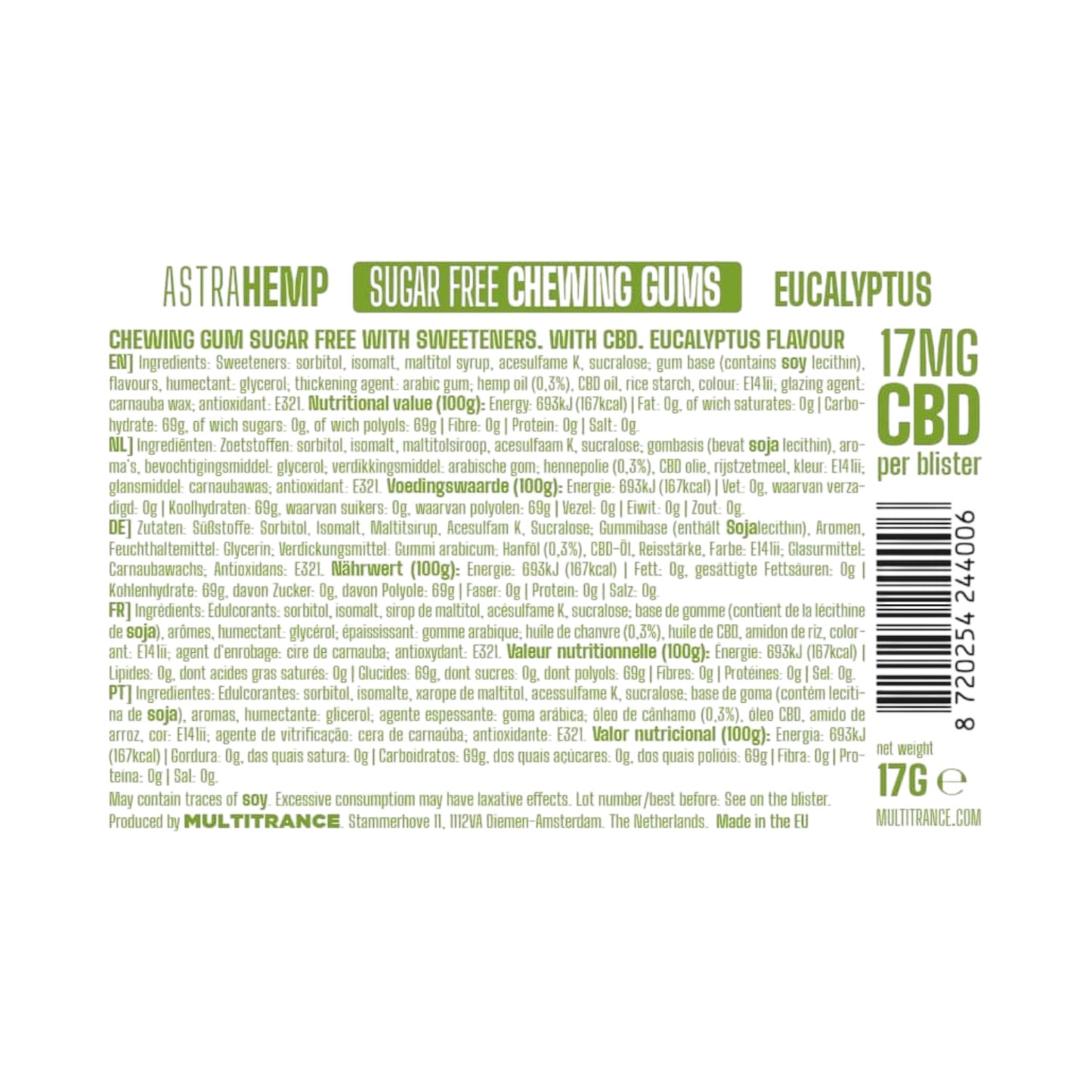 Astra Hemp CBD Chewing Gum – Eucalyptus Flavour (17mg CBD, THC-Free, 12 Pieces, EU Made)